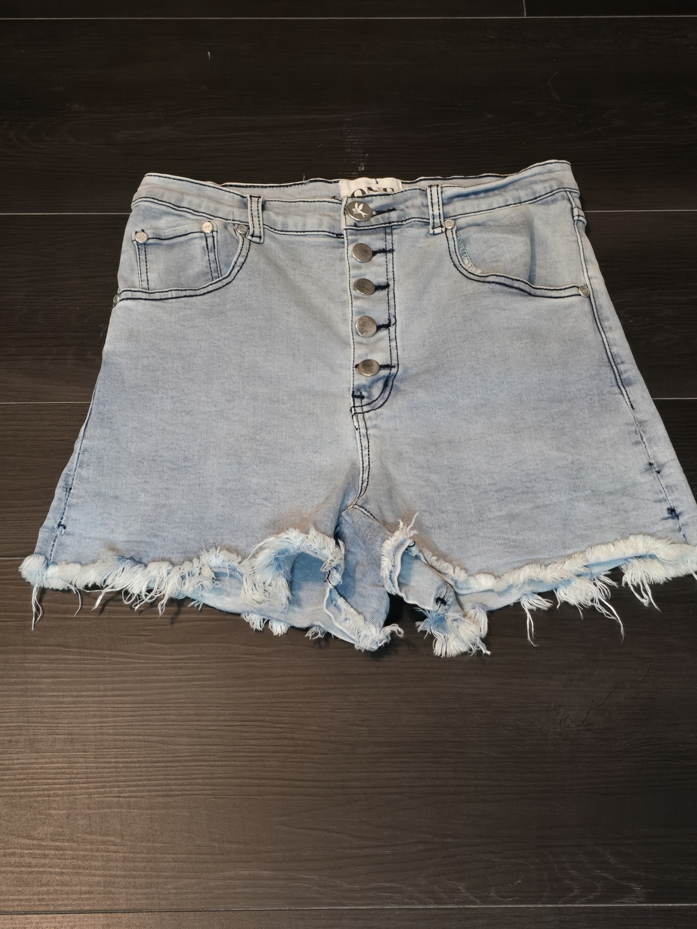 One Teaspoon Light Blue Denim Jean Shorts with Brown Leather Patch